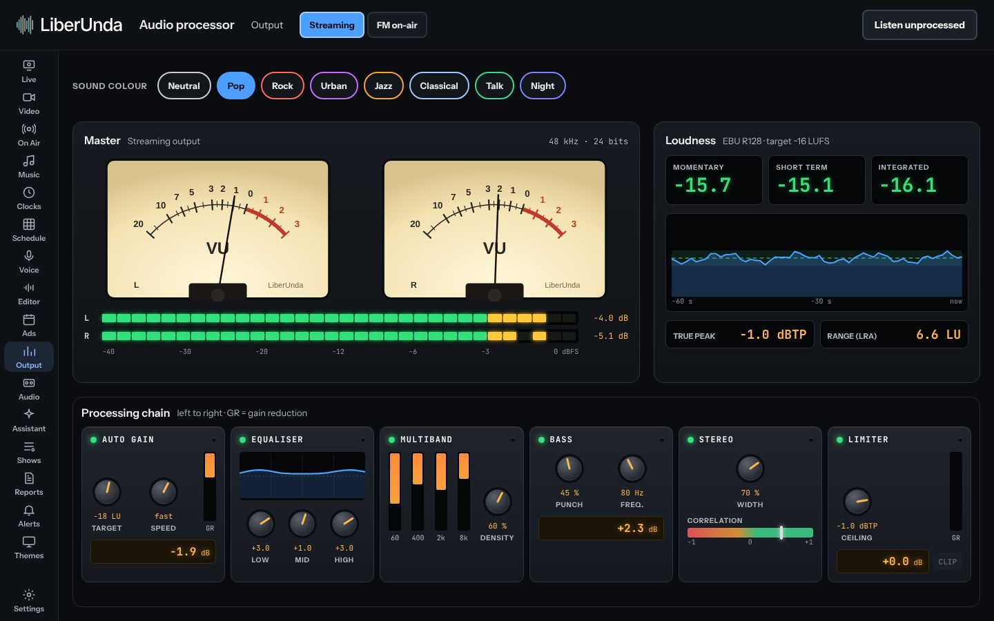 Audio processor with VU meters, loudness and processing modules