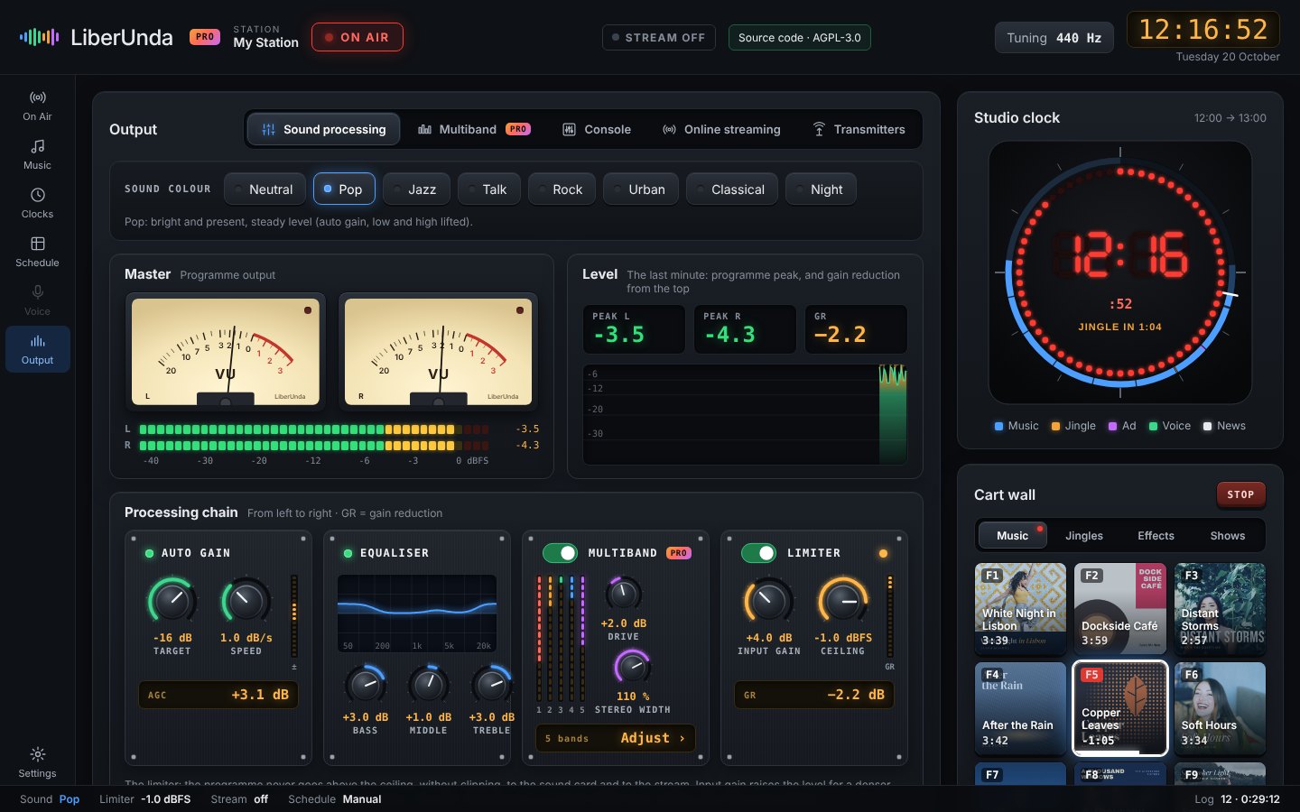 Audio processor with VU meters, loudness and processing modules